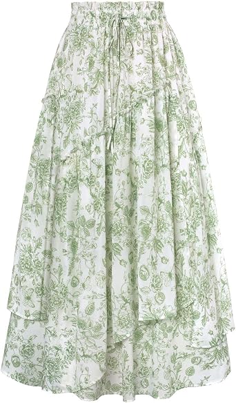 Scarlet Darkness Women Floral Maxi Skirt Elastic Waist Boho Long Skirts | A Line, Layered Hem, Pockets, for Ren Fair Cotagecore Summer Casual Vacation
