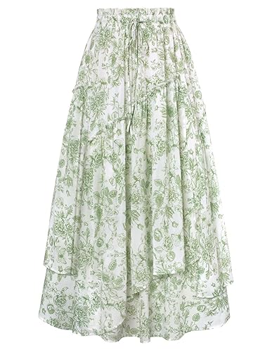 Scarlet Darkness Women Floral Print Boho Skirt Elastic High Waist Long Maxi Skirts with Pockets - Small - Green Floral