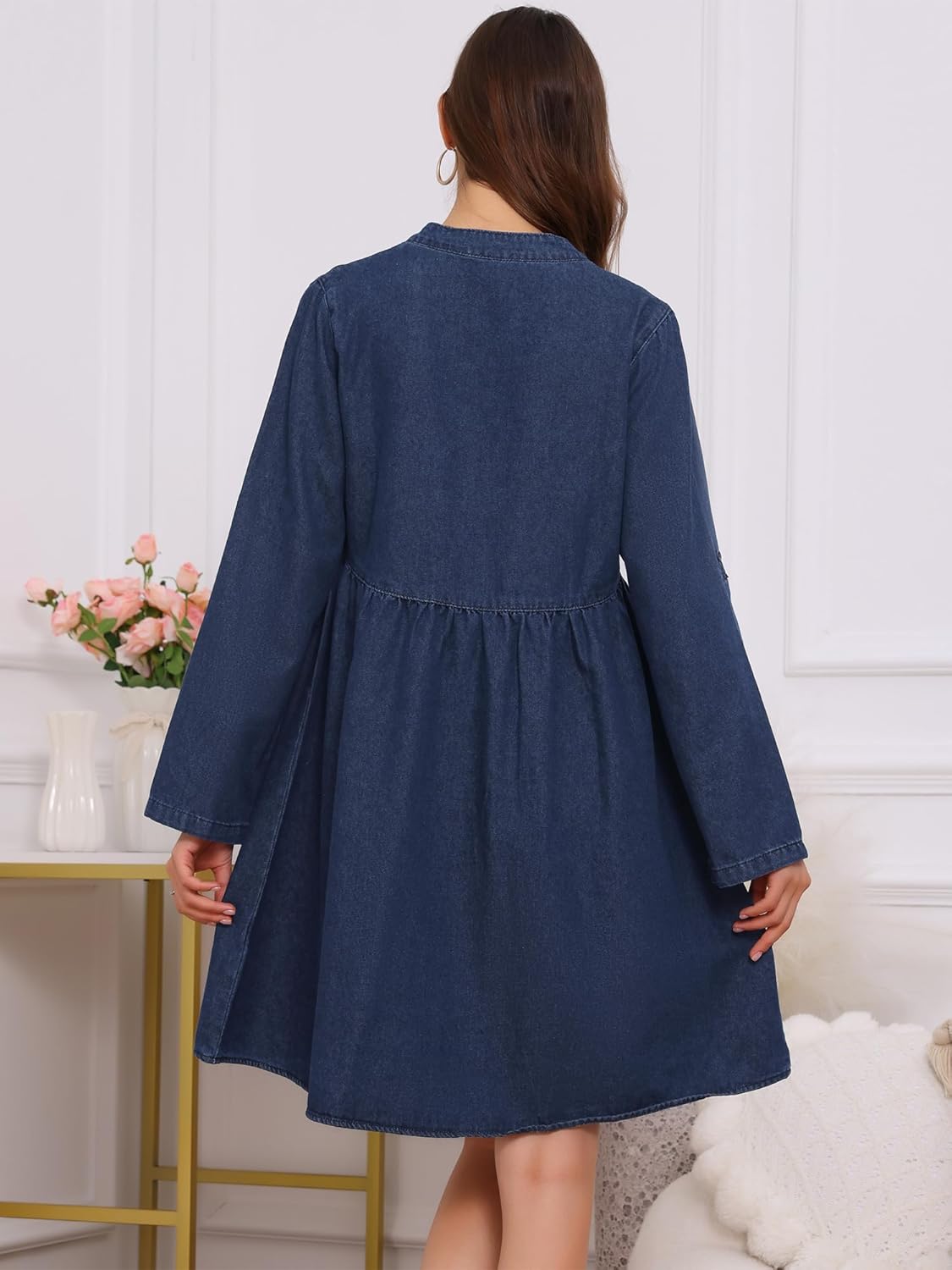 Women's Maternity Denim Dress Babydoll Long Sleeve Cotton Button Down Shirt Dresses Fall