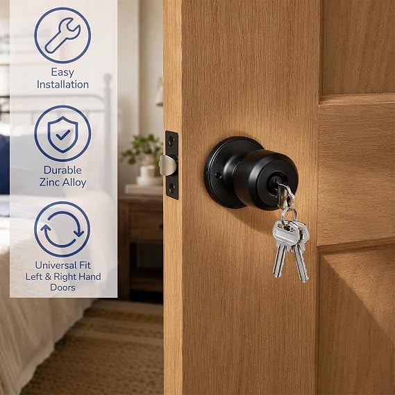 2 Set Privacy Knob Set Black Door Knob with Lock & 3 Key for Internal Door