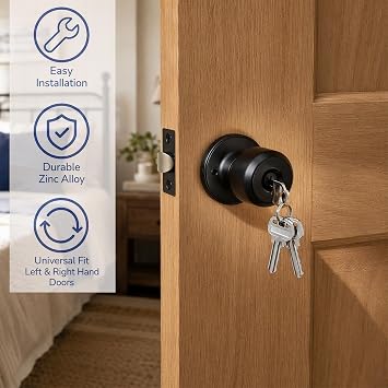 2 Set Privacy Knob Set Black Door Knob with Lock & 3 Key for Internal Door