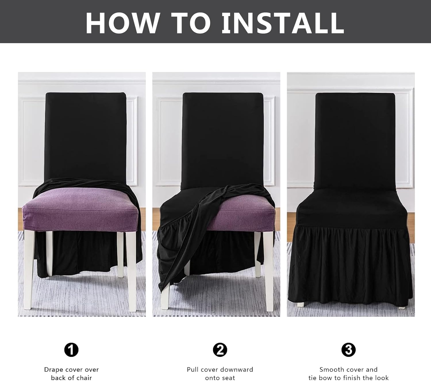 molasofa Chair Covers for Dining Room Set of 4 Stretch Chair Slipcovers with Skirt for Kitchen Seat Protectors Wedding Banquet Decor Kids Pets Spandex Fabric Washable (4pcs, Black)