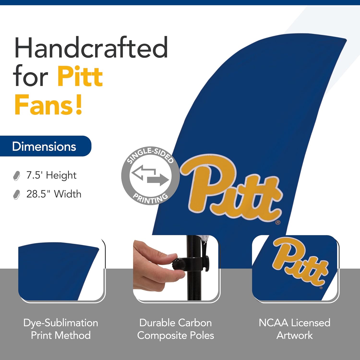 Pittsburgh Panthers College Sports Printed Feather Flag - NCAA Licensed - Super Polyester - School Banner (Navy Blue, Gold) (7.5' Cross Base)