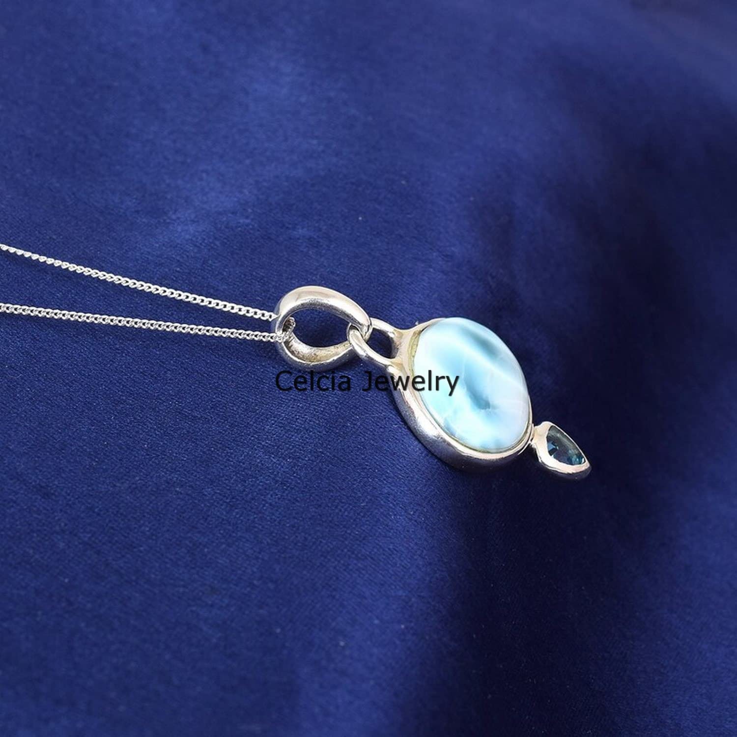 Collar de plata de ley 925 maciza para mujer, larimar genuino y topacio azul con múltiples piedras preciosas, collar único hecho a mano para ella