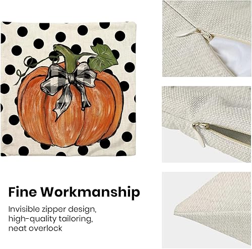 Miniatura 5 de Gohdiwh Juego de 2 fundas de almohada decorativas de otoño de 16 x 16 pulgadas, diseño de calabaza naranja de lunares, fundas decorativas de lino