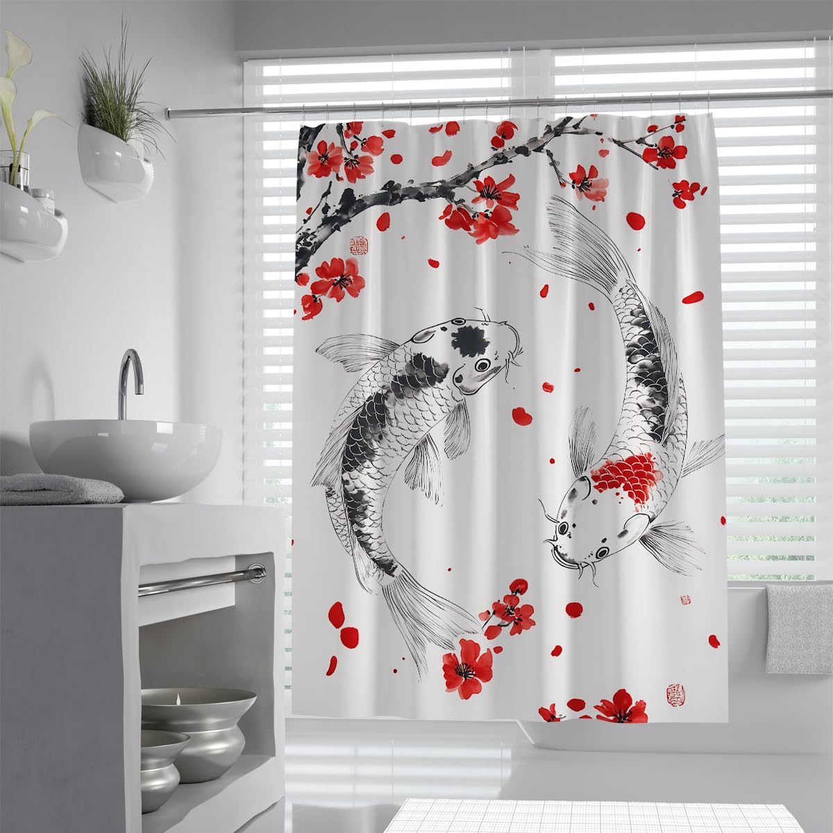Uiringart Shower Curtains Oriental Koi Carp Bathroom Curtains W120xl180cm Sakura Cherry Blossom Falling Petals Background Water-Repellent Machine Washable Polyester Fabric Bath Shower Curtain For Wet Room With Hooks