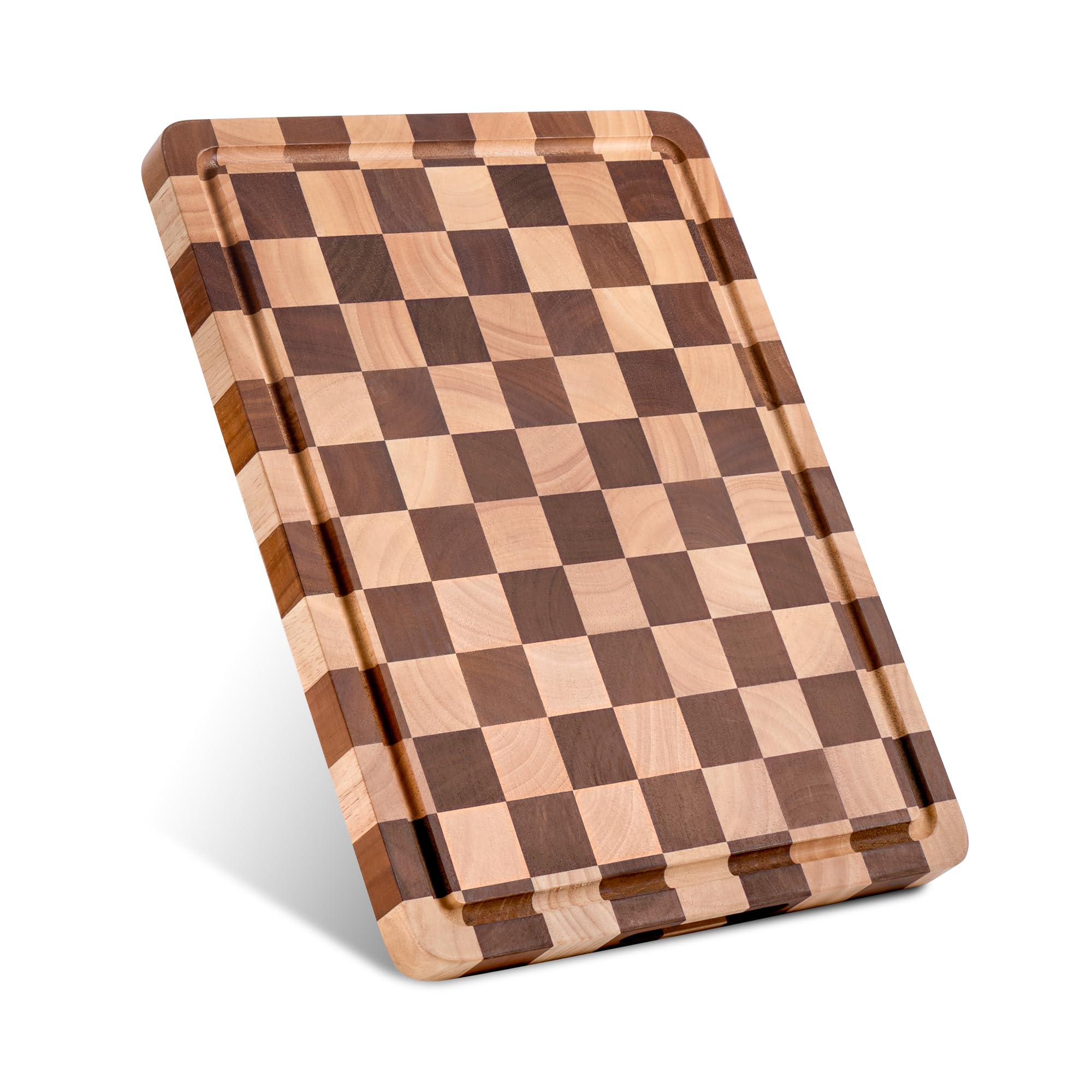 Checkered Cutting Board for Kitchen - Solid Wood End Grain Checkerboard Chopping Board with Handle Juice Groove, Double Sided for Cooking, Serving and Decor, Rectangular 16" x 12" x 1"