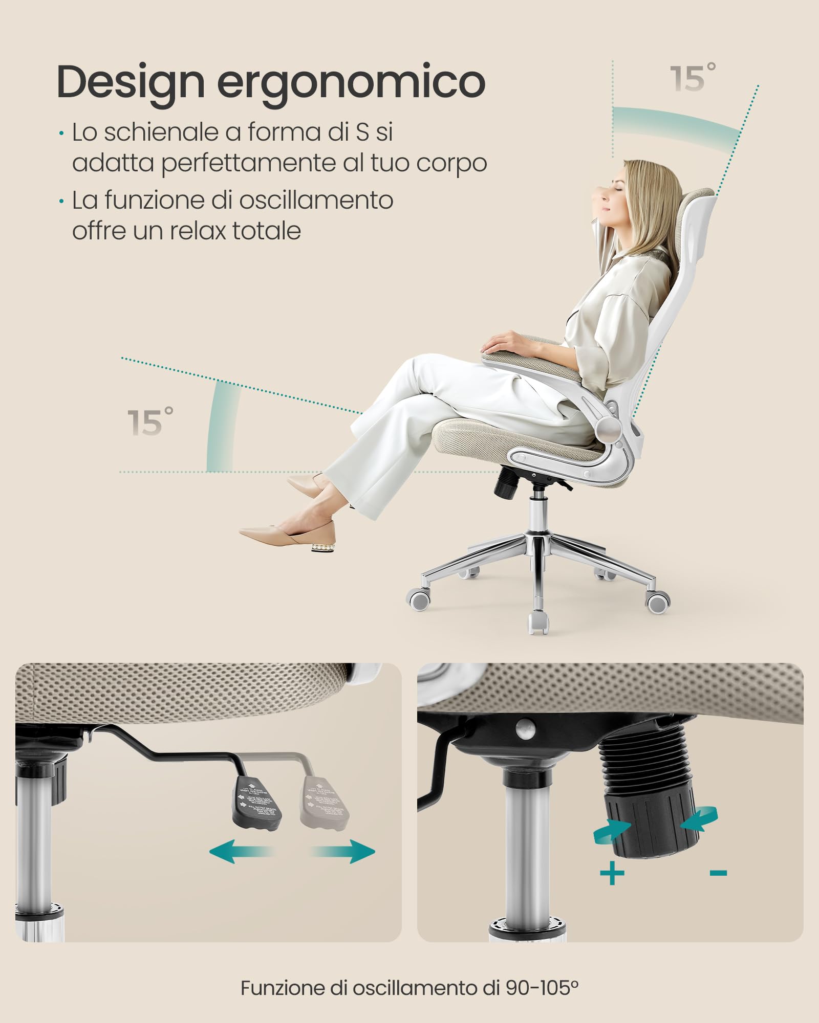 SONGMICS Poltrona Da Ufficio Ergonomica - Regolabile In Altezza, Reclinabile, Beige, 120 Kg - Foto 10