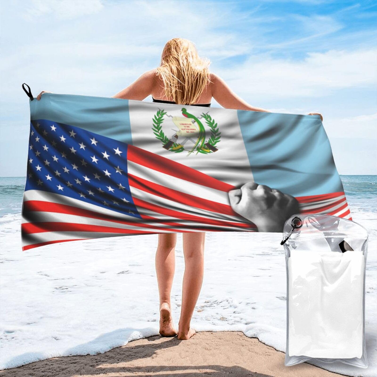 HACXZ Beach Towel America Flag and Guatemalan Guatemala Flag Microfiber Beach Towel Lightweight Absorbent 27.5"X55"