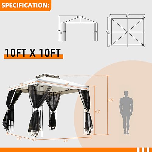 Miniatura 5 de Tinkle Well Toldo para kiosco para exteriores de 10 x 10 pies con mosquitera, doble techo, estructura de acero de alta resistencia, ideal para