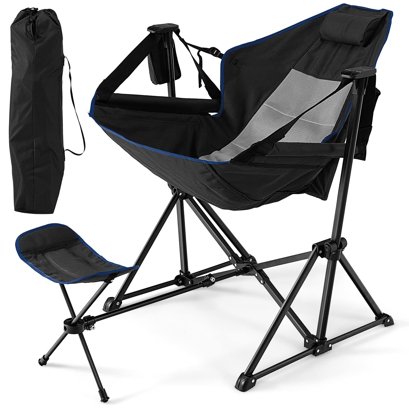 COSTWAY Hammock Camping Chair, Folding Swing Chair with Adjustable Back, Head Pillow, Cup Holder & Carry Bag, Portable Rocking Recliner for Picnic Fishing Hiking (with Retractable Footrest, Black)