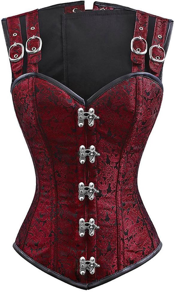 Charmian Women's Gothic Steampunk Brocade Steel Boned Bustier Corset Vest | Adjustable Shoulder Straps, Front Clasp Closure, Steel Boned, Lace-up Back