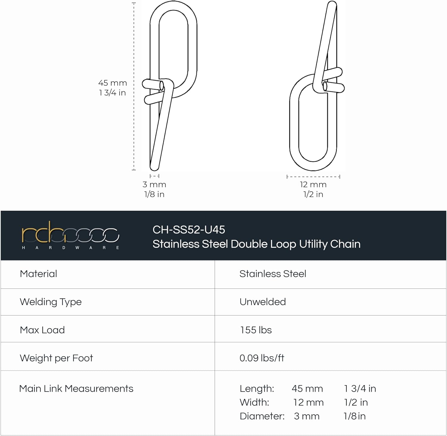 RCH Hardware CH-SS52-01-BLK-10 | 10 Gauge Decorative Solid Stainless Steel Double Loop Outdoor Fixture Chain | 10 Foot Increments |Black Finish