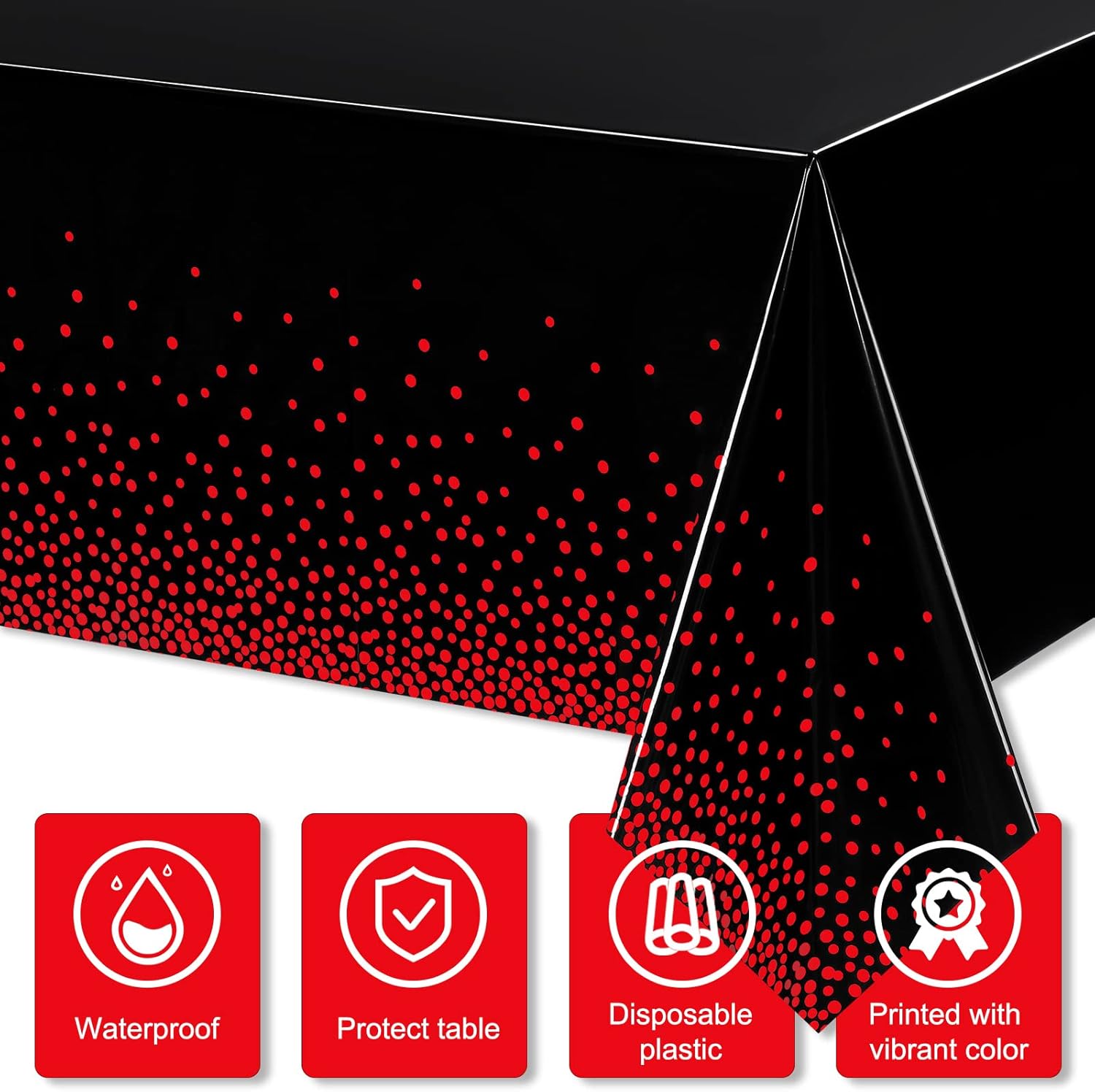Breling 3 Pieces Dot Tablecloth Confetti Rectangle Plastic Disposable Table Cover for Birthday Wedding Baby Shower Engagement Anniversary Bachelorette Party, 54 x 108 Inch (Black and Red)