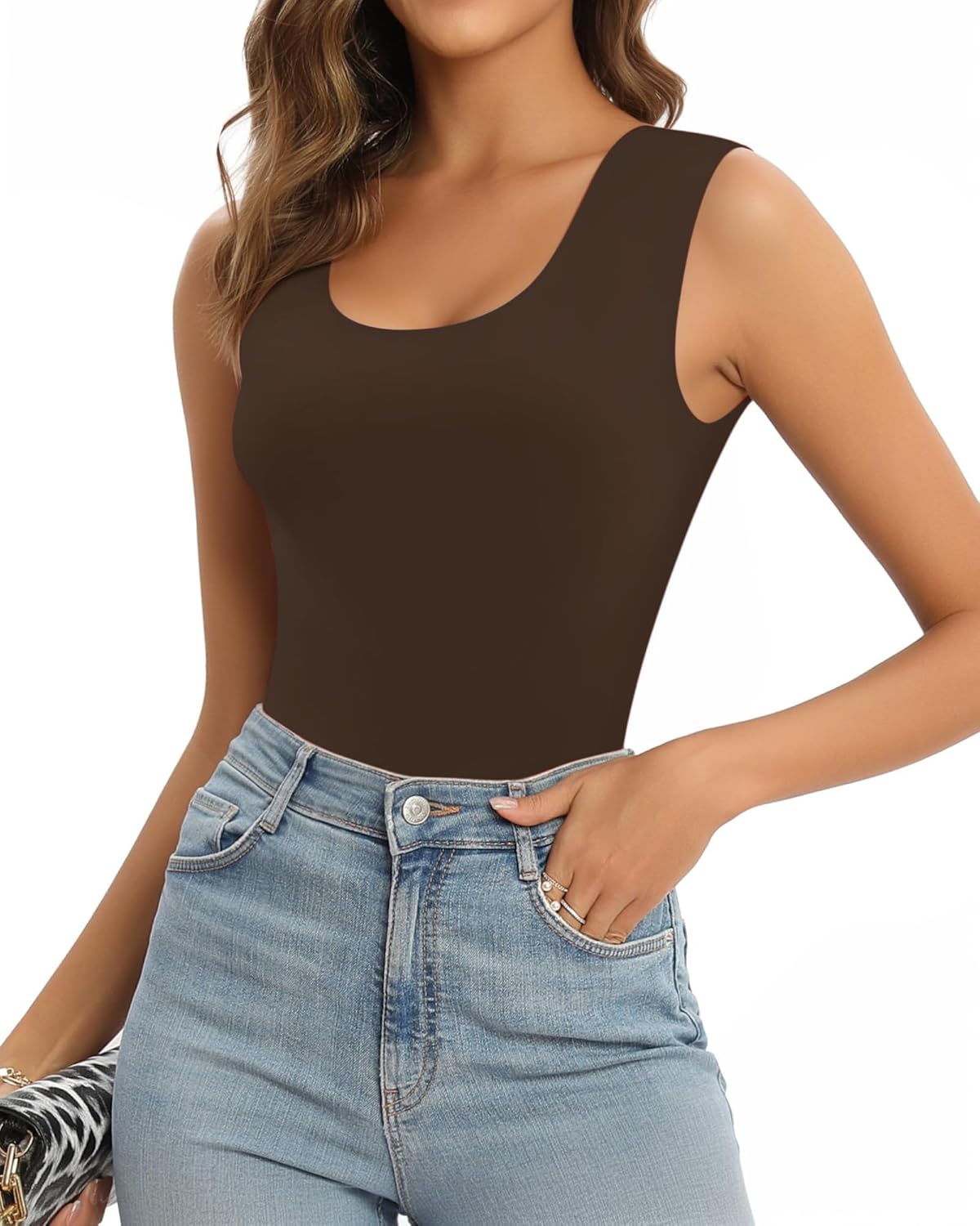 MANGOPOP Sleeveless Bodysuit For Women Scoop Neck Double Lined Tank Top Body Suit Basic Fitted Summer Going Out Tops