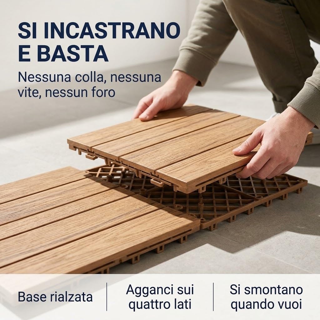 Lemag Piastrelle a Incastro per Esterni Effetto Legno 40x40 cm - 12 Pezzi, 1,92 mq - Pavimento Modulare in Polipropilene per Balconi e Terrazzi - Si Posa Senza Colla e si Rimuove