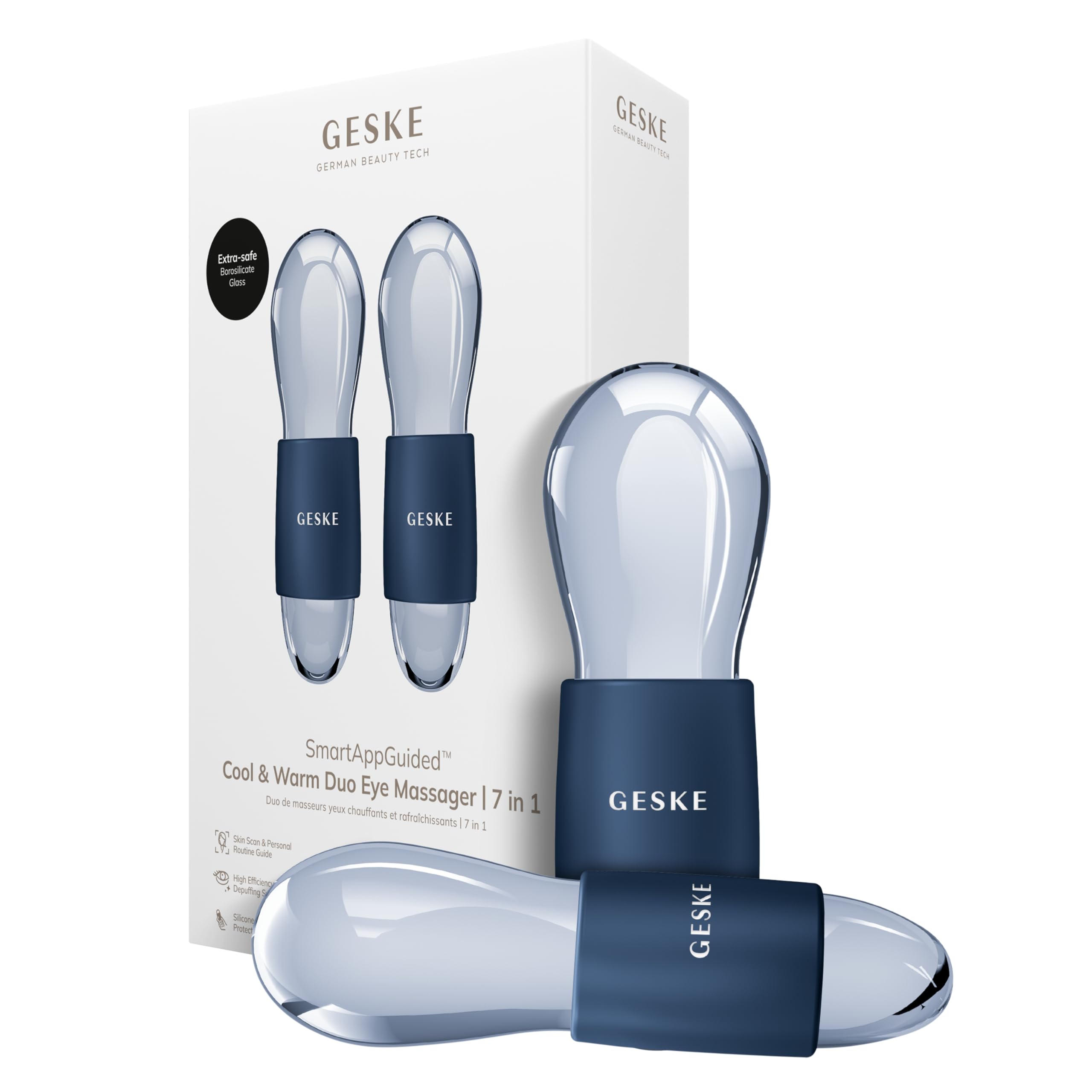 GESKE SmartAppGuided™ Cool & Warm Duo Eye Massager | 7 in 1 | Zwei Massagekugeln | Batterielose Wärme- & Kühltechnologie | Gegen Augenringe & Tränensäcke | Anti-Aging | Professionelle Hautpflege