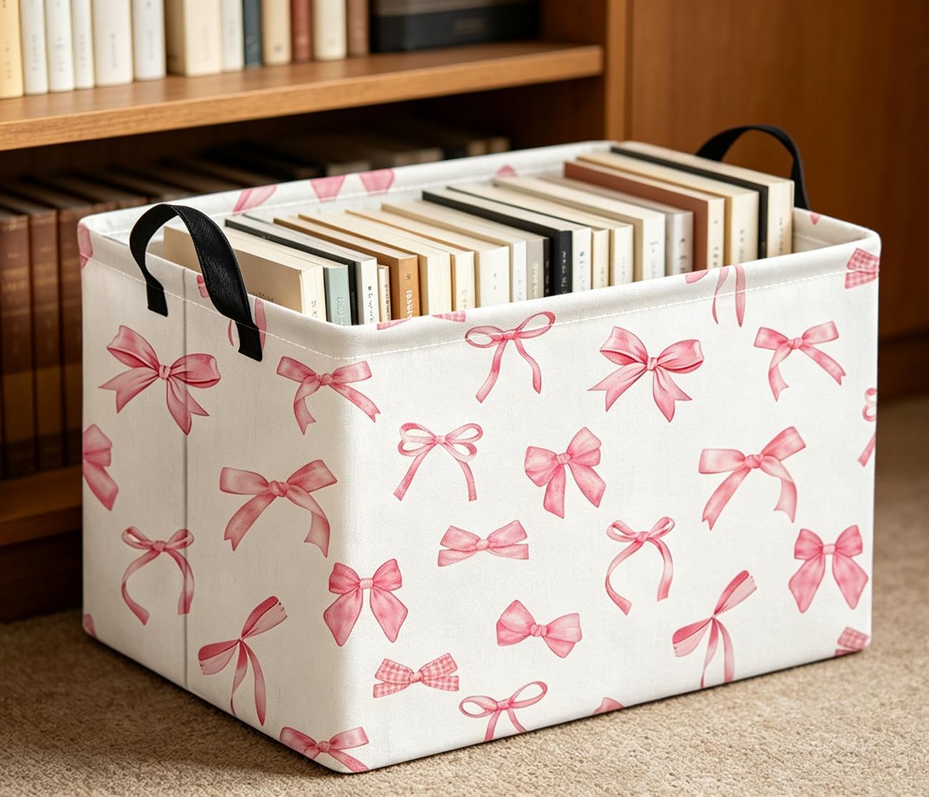Rectangle Storage Basket with Handles,Waterproof Books Bin,Gift Basket,Room Decor(Pink Bowknot)