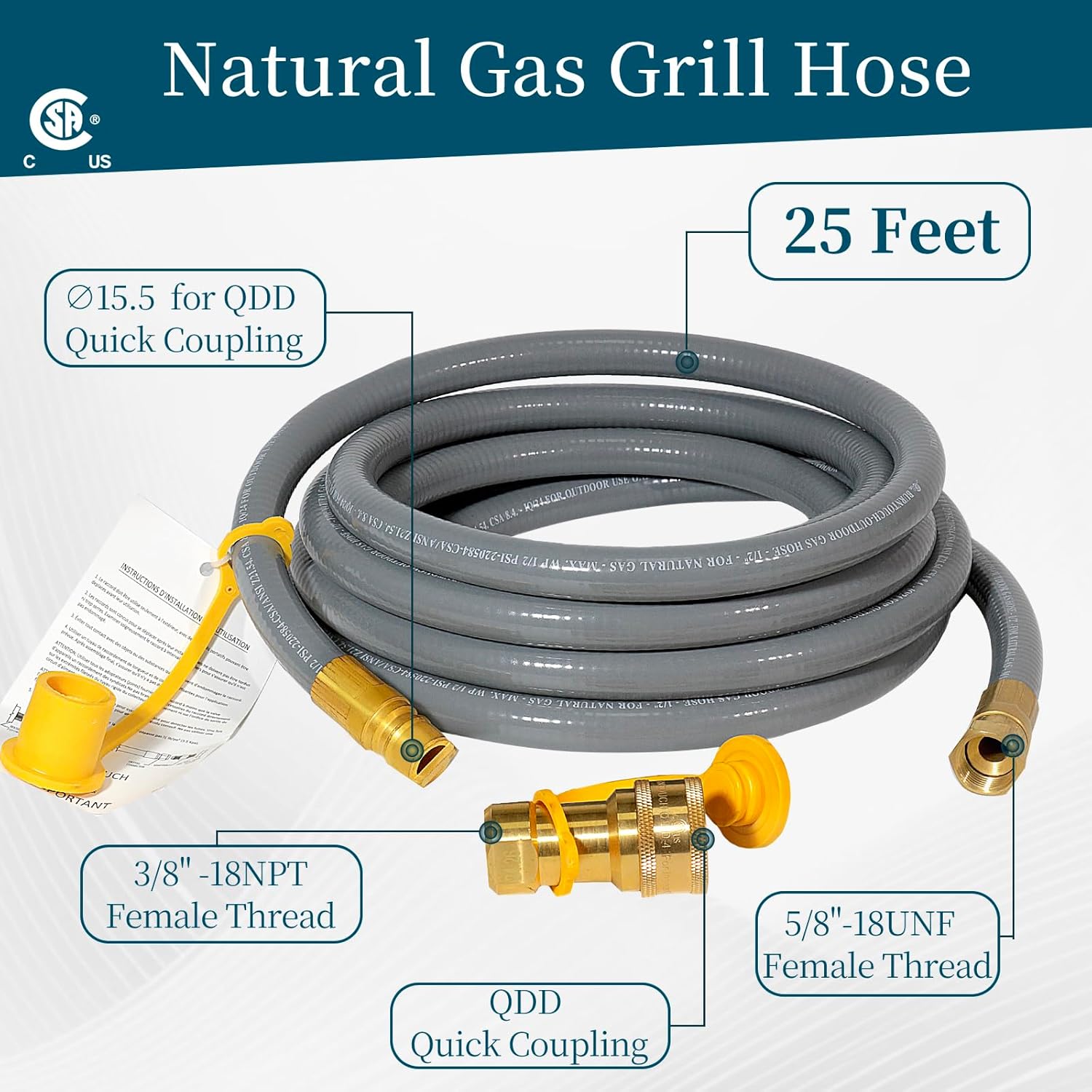 25FT 3/8" ID Natural Gas Grill Hose with Quick Connect Fittings, Low Pressure NG Hose Fit Weber, Char-Broil, Pizza Oven, Patio Heater