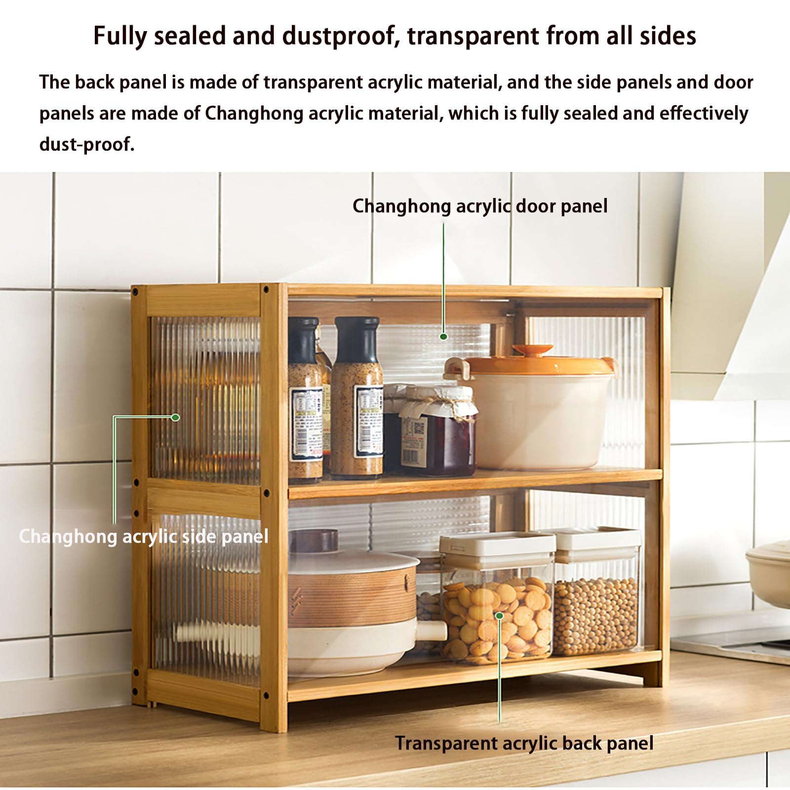 Armario de almacenamiento de cocina, aparador de despensa de bambú con puerta abatible y estante organizador de 2 niveles para especias y condimentos, diseño compacto y funcional