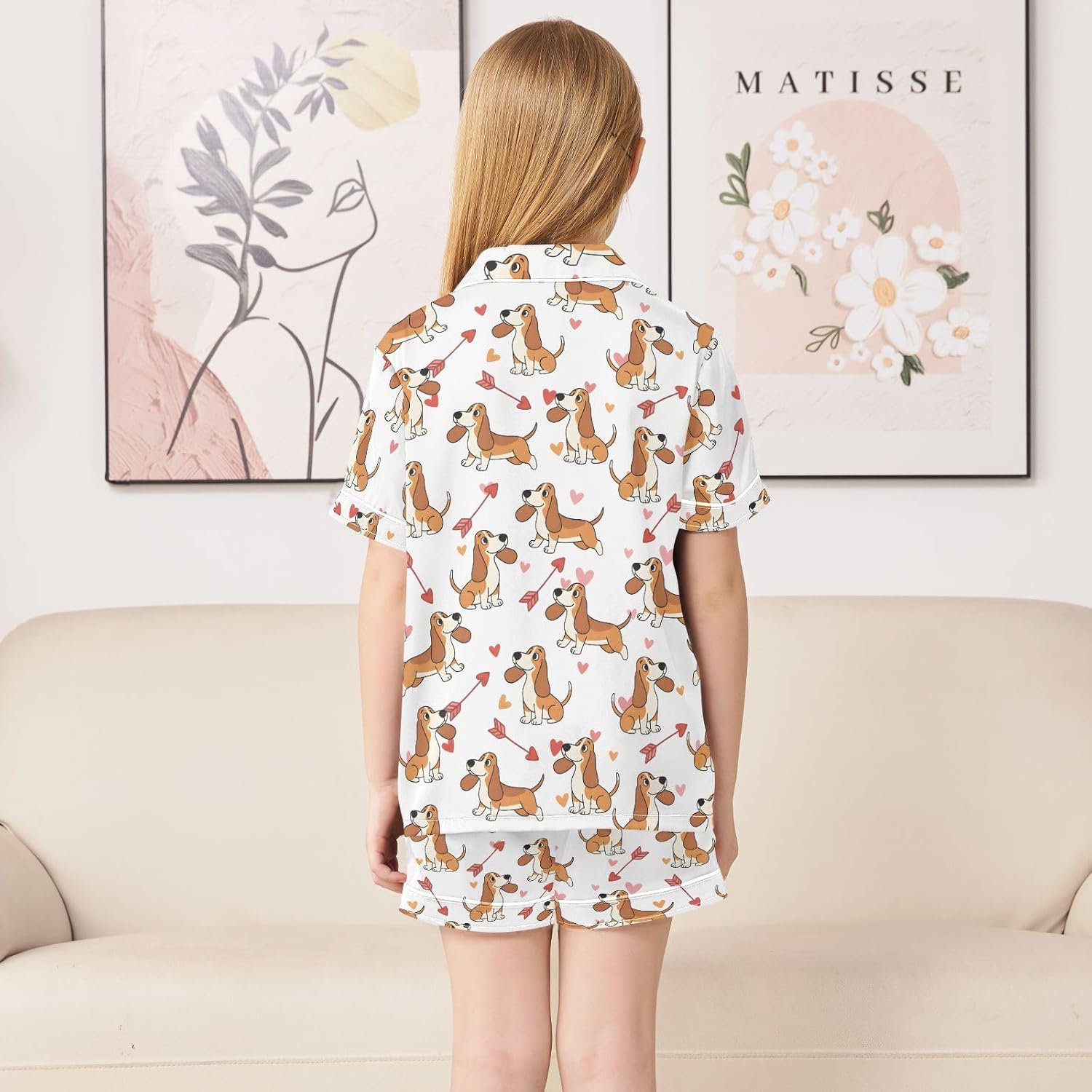 Kids Satin Wear Set Long Eared Dog Arrows Pattern Relaxing Clothing Short Sleeve and Shorts