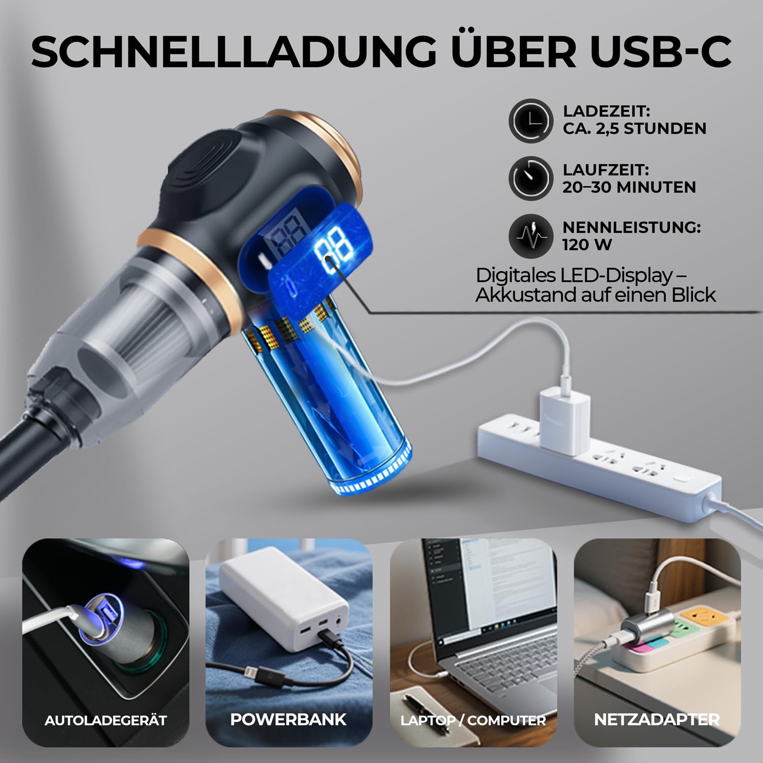 Handstaubsauger Akku, 4-in-1, 22000 Pa Stark Auto Staubsauger, Handstaubsauger Kabellos Mit Bürstenlosem Motor, Mini Staubsauger FüR Auto, Haus, KüChe, PC, Tierhaare und Camping