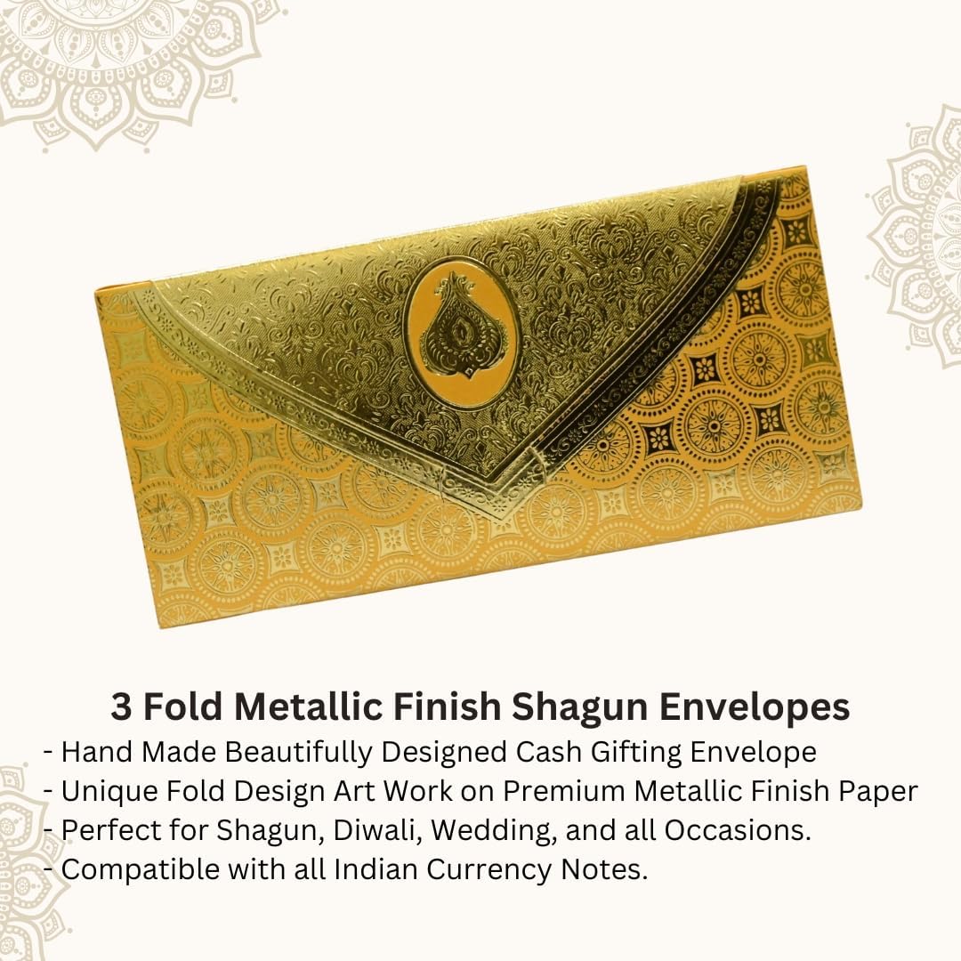 Aywal Pack of 30, 3 Fold Taj Royal Design Shagun Envelopes for Gifting Cash Money Cover Metallic Finish Paper Tuck Flap Designer Fancy Sagan Lifafa Wedding, 19 X 9 cm, Creamish Orange Color 3