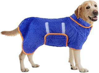 Bienbee Quick-Drying Super Absorbent Dog Bathrobe Robe - Soft Fleece Towel for After Bath, Adjustable Warm Pajamas, Dark Blue Large