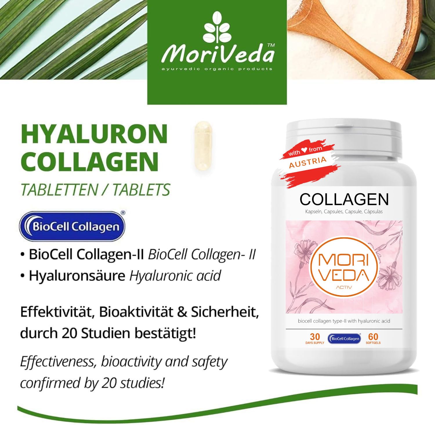 MoriVeda BioCell Collagen gélules, 2 x 60 unités, collagène de type II avec acide hyaluronique et chondroïtine, pour la peau, les articulations et les tissus conjonctifs, certifié ISO