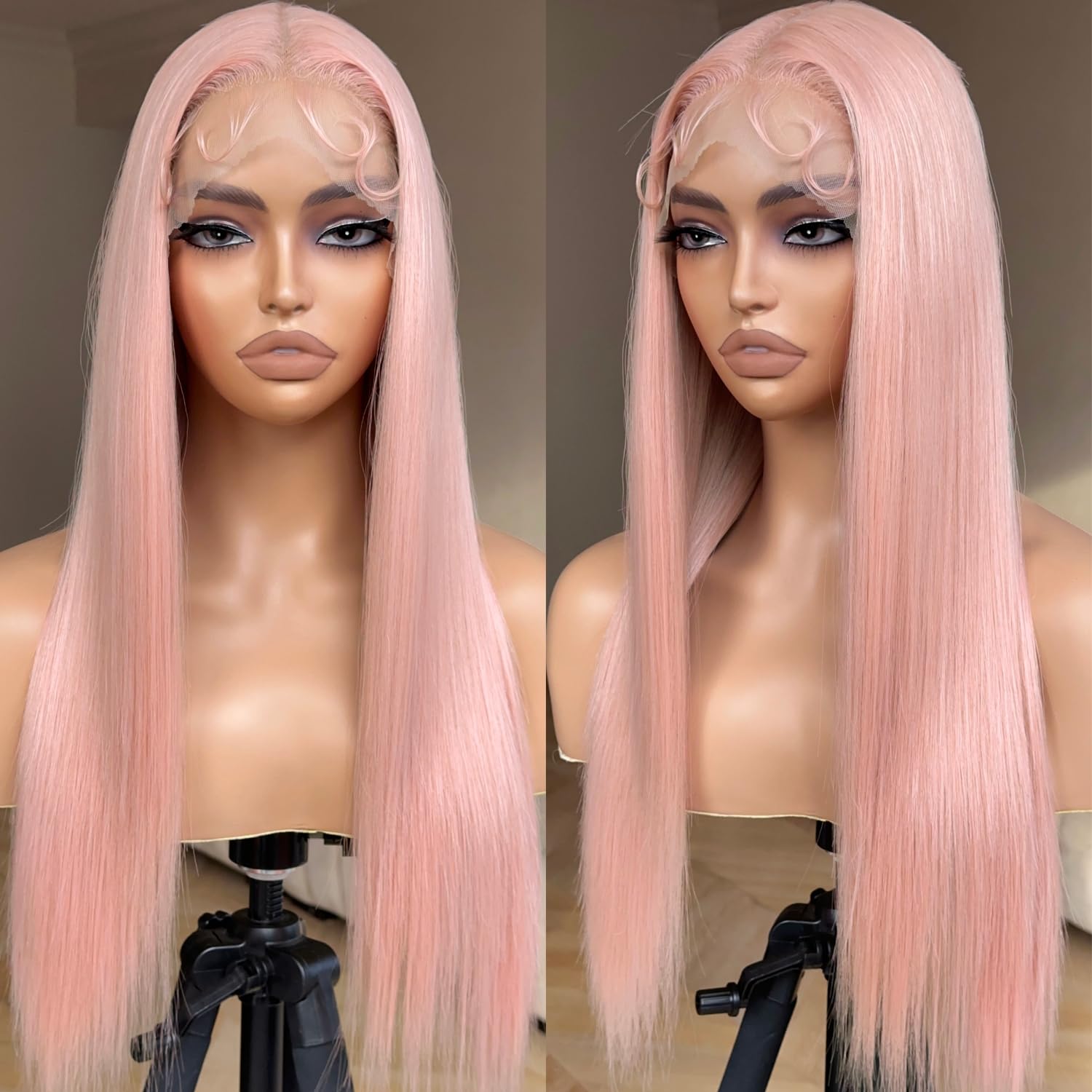 Straight Lace Front Wig Pre Plucked, Synthetic Lace Front Wig Pre Plucked, HD Glueless Wigs 13X5X1 Lace Wigs for Women 180 Density 26inch (26, Pink)