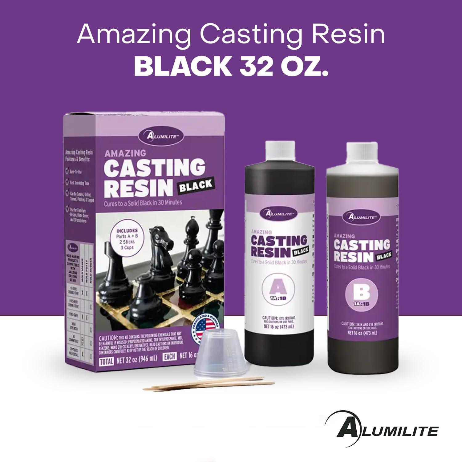 Alumilite Amazing Casting Resin Black, 32 oz (16 oz Part A + 16 oz Part B) – Ideal for Pouring Small to Large Durable Pieces, Arts, Crafts, and Architecture Molds, 30-Minute Demold Time