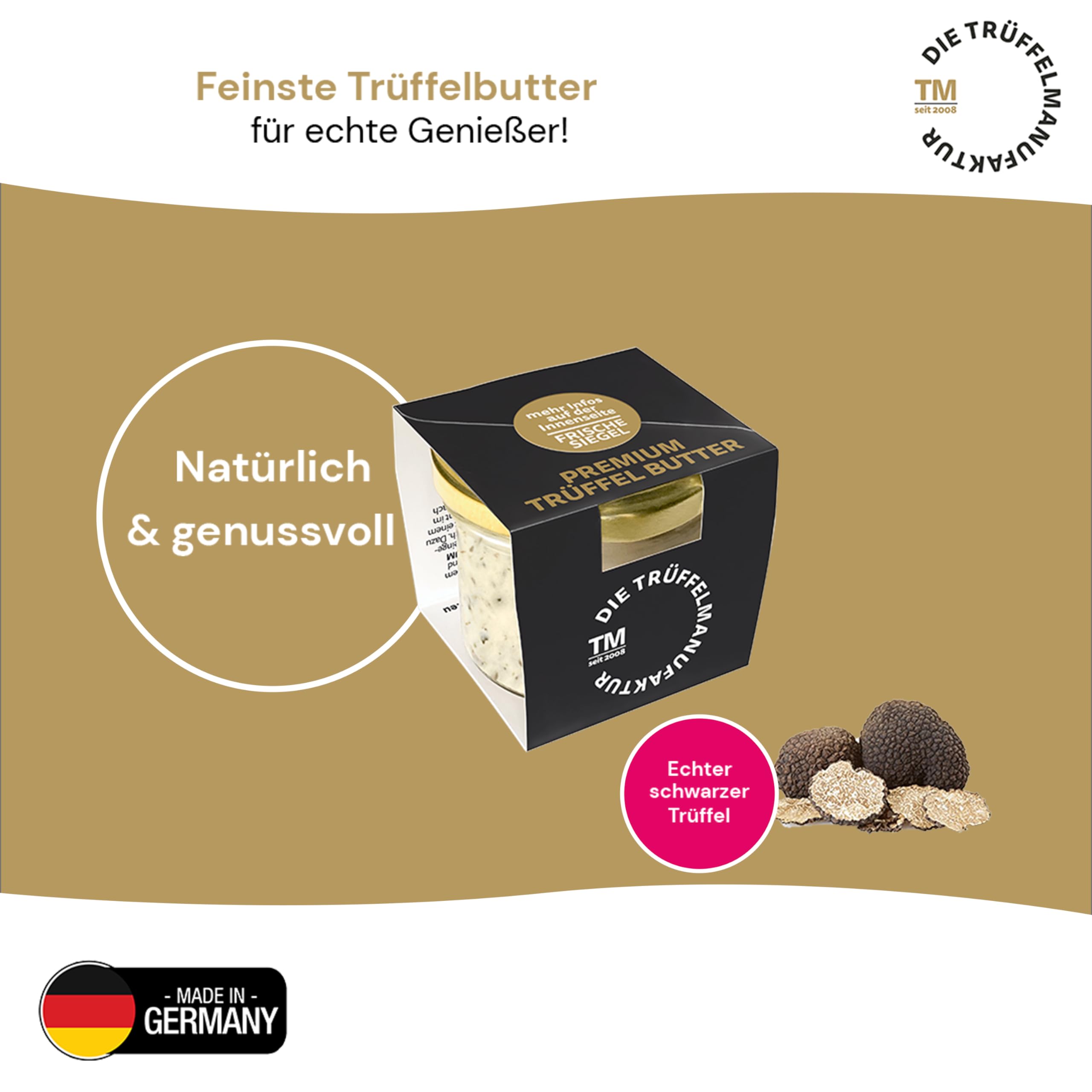 Die Trüffelmanufaktur - Feinkost Trüffelbutter Premium mit 25% Echtem Frischen Schwarzem Trüffel, Delikatesse für Feinschmecker, Weiße Butter im Glas á 95 g - Made in Germany