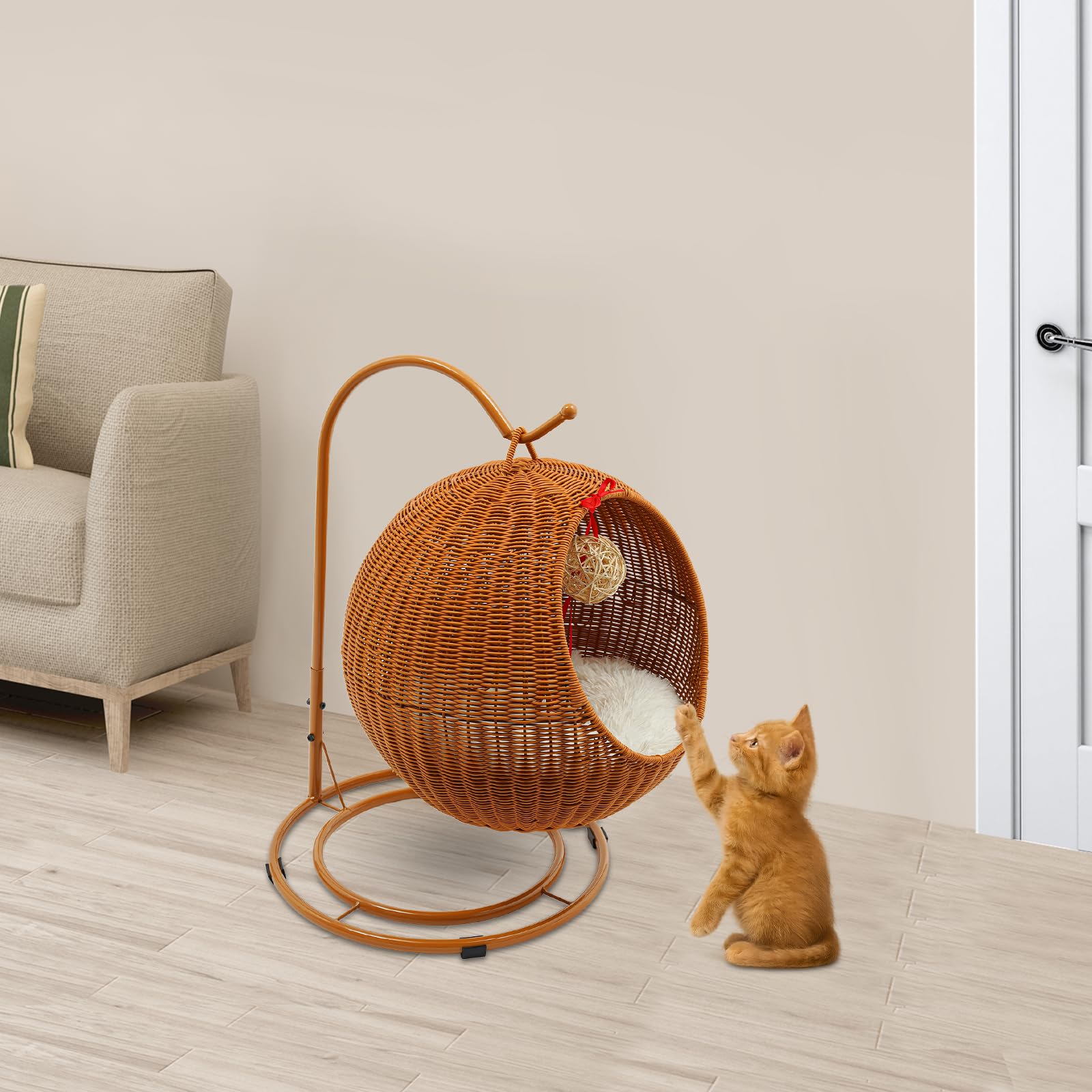 Cestino sospeso per gatti in rattan di imitazione PP, altalena per gatti con funzione altalena, cuscino rimovibile e grattacielo, moderno, per interni, soggiorno e balcone, fino a 7,5 kg