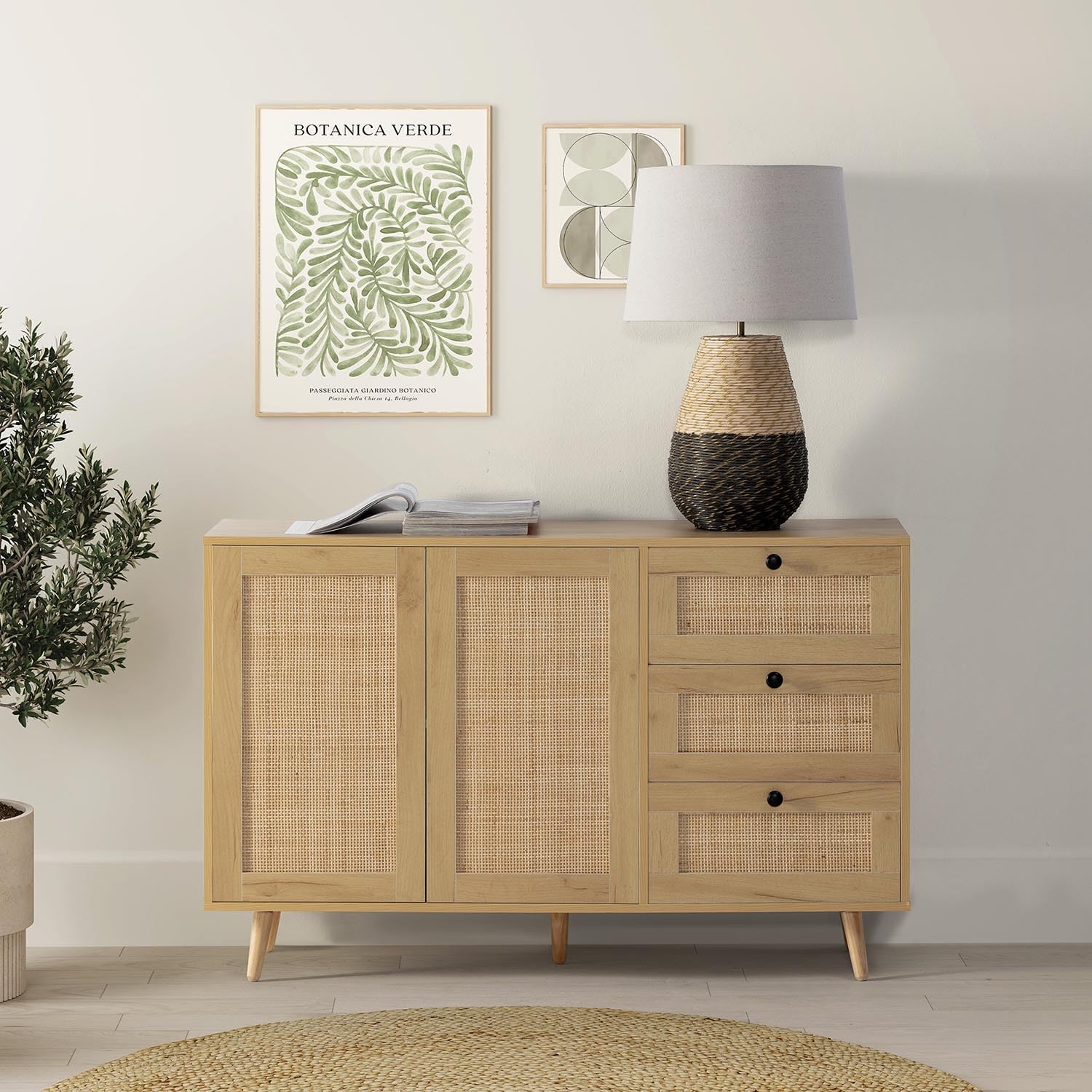 HOMN LIVING Aparador Bella 3 cajones y 2 Puertas Color Roble, guías metálicas, 120 cm (Ancho) 38 cm (Profundo) 76 cm (Altura)