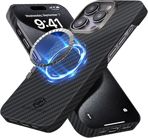 MONOCARBON Funda de fibra de aramida real para iPhone 15 Pro, lujosa funda delgada y ligera de 0.04 pulgadas, ajuste delgado y ligero de 6.1