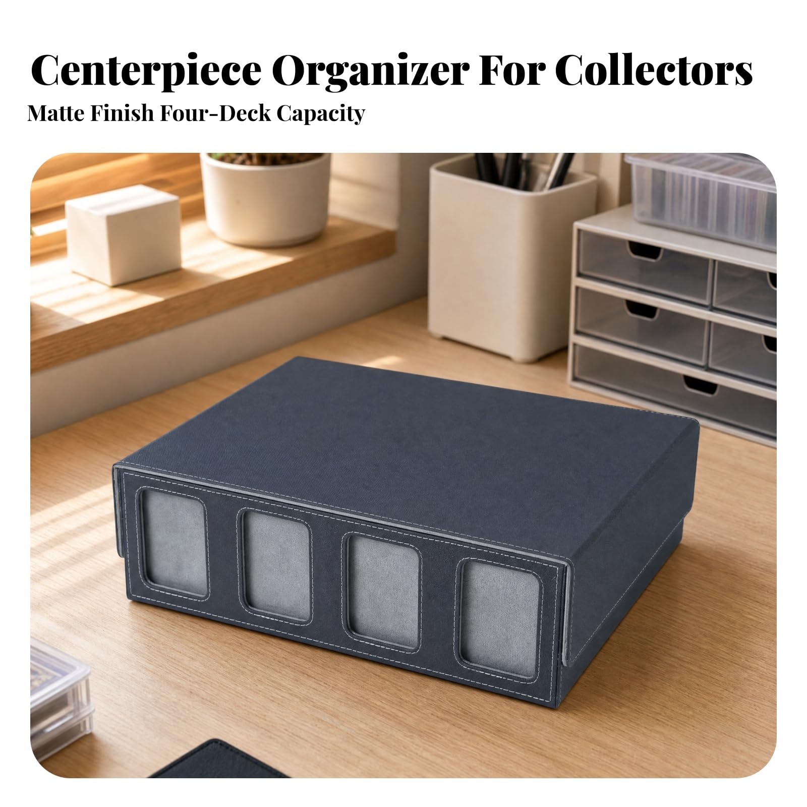 Organizador Tarjetas Ligera Caja Almacenamiento Cartas Coleccionables con Cuatro Compartimentos Portátil, Negro Gris
