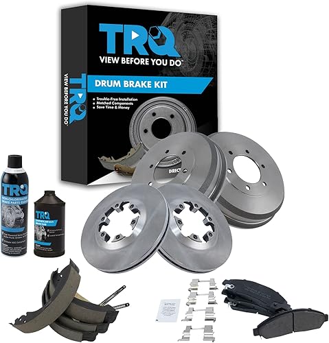 Miniatura 2 de TRQ Rotor de freno de disco delantero y trasero y pastillas de freno metálicas con kit de zapata y tambor con productos químicos compatibles con