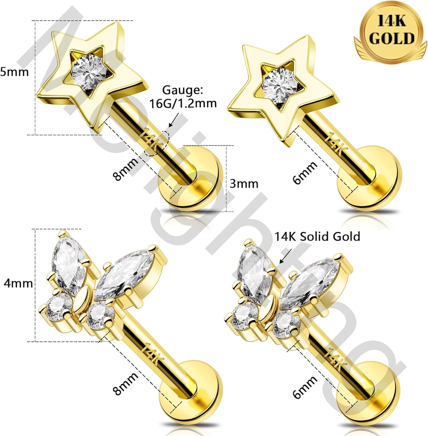 Melighting 14K Solid Gold Helix Piercing 16G Star Internally Threaded Flat Back Earring Clear CZ Tragus Stud Cartilage Conch Lobe Piercing Jewelry for Women 6/8 mm - Image 4