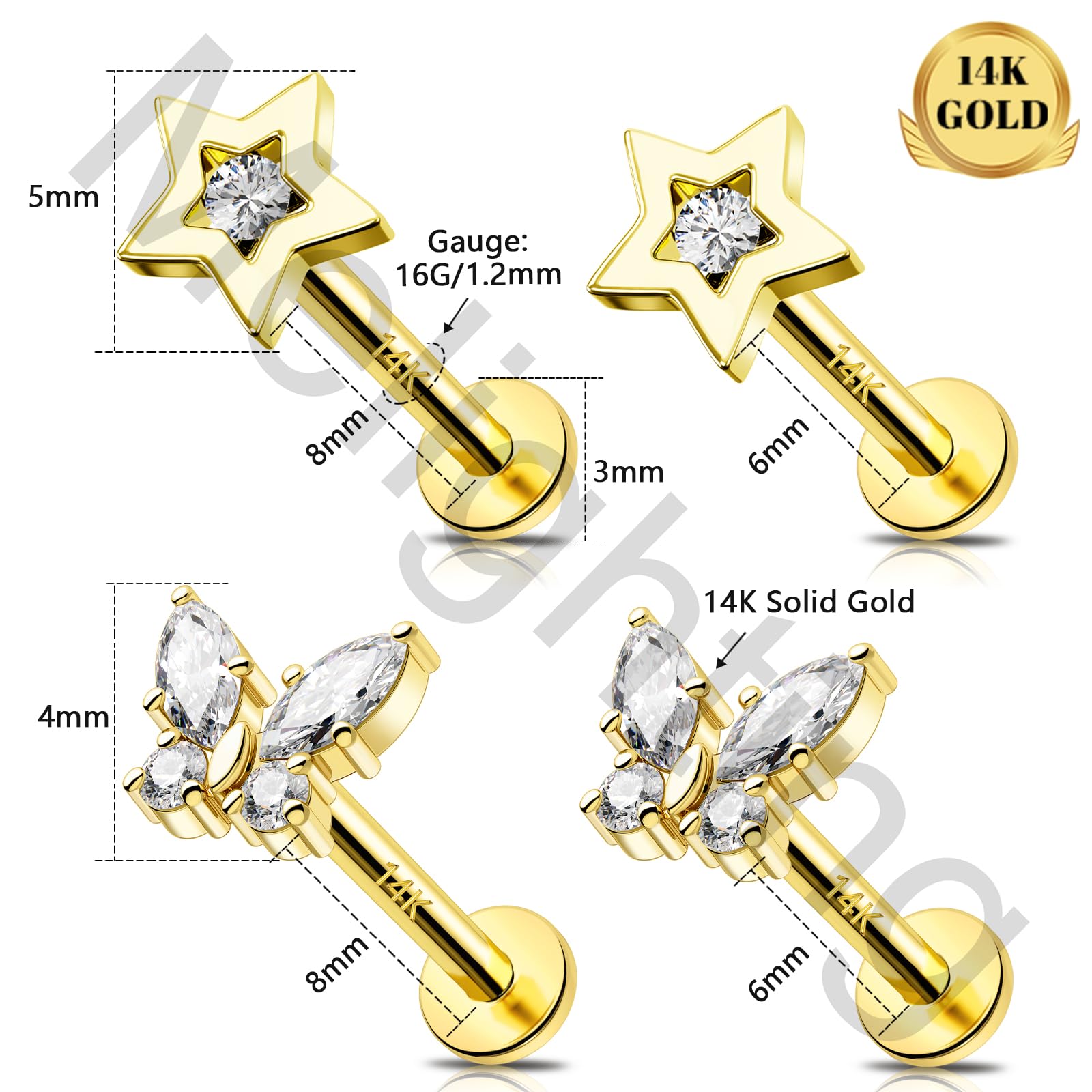 Melighting 14K Gelbgold Knorpel Ohrring Innengewinde Labret Stud Flach Zurück Ohrring CZ Stern Helix Stud Schmetterling Lippen Piercing Schmuck 6MM/8MM