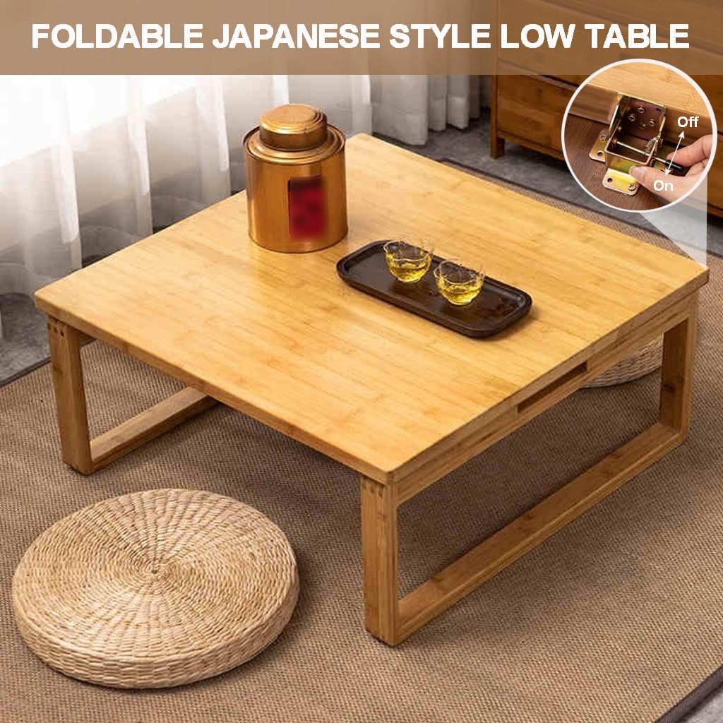 Foldable Low Table Bamboo Japanese-Style Coffee Table Square Tea Table Household Kang Small Dining Table Kids Art Meditation Table, for Tatami Bedroom Bay Window (Size:27.6*27.6*12.2in)