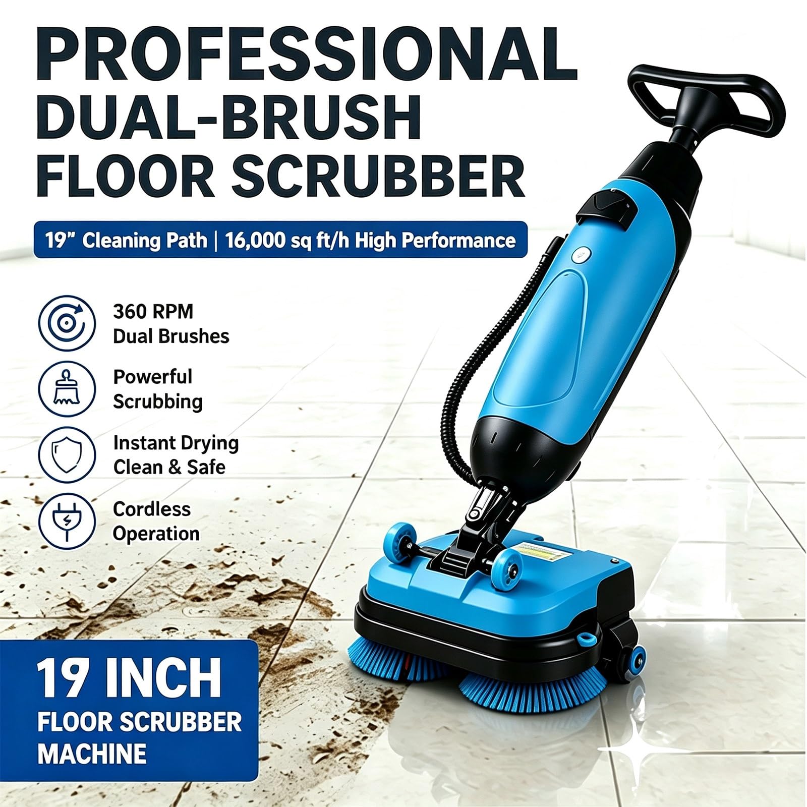 Lavadora de Pisos Profesional 50cm, Sin Cable, Litio | Lavadora de pisos 50cm, batería de litio intercambiable, perfecta para limpiar azulejos y vinilo(1 battery)