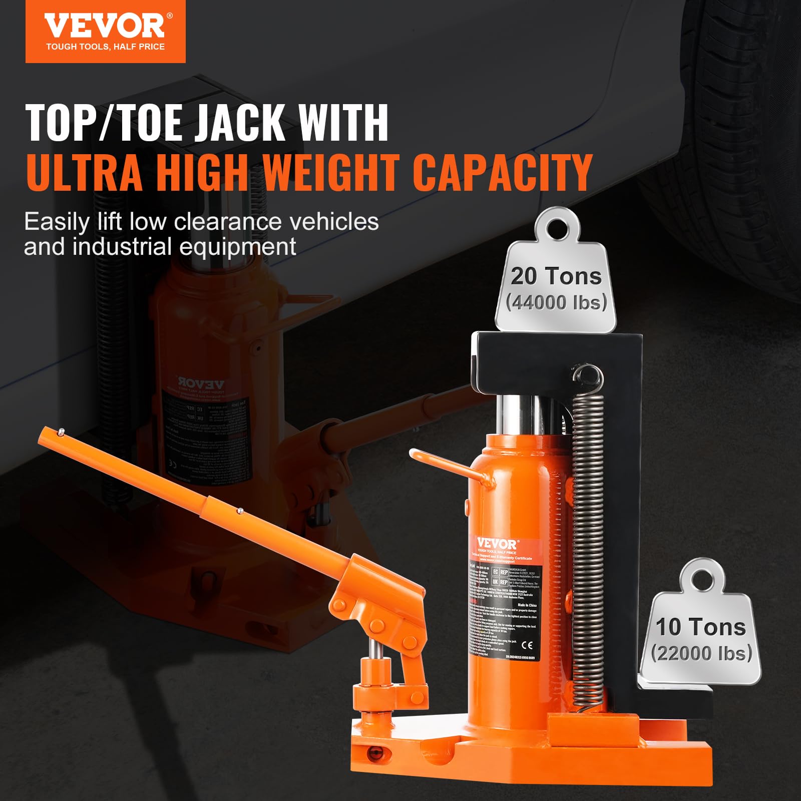 VEVOR Cric Idraulico con Punta 297 x 210 x 315 mm Cric per Martinetto Idraulico, Sollevatore 10 Tonnellate sulla Punta, 20 Tonnellate con Capacità di Sollevamento Superiore, per Macchinari, Industria
