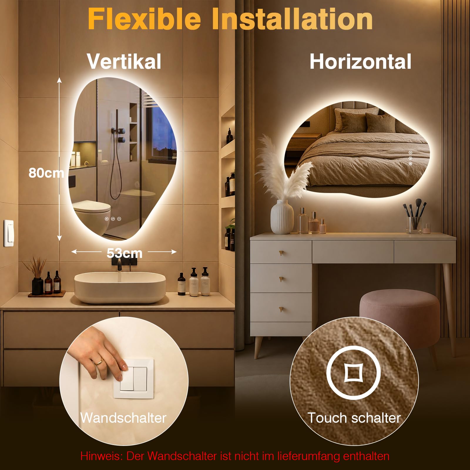 Spiegel mit Beleuchtung Asymmetrischer, LED Badspiegel mit Touch-Schalter, 3 Lichtfarbe, Dimmbar, Beschlagfrei Badezimmerspiegel mit Beleuchtung 80x 53cm