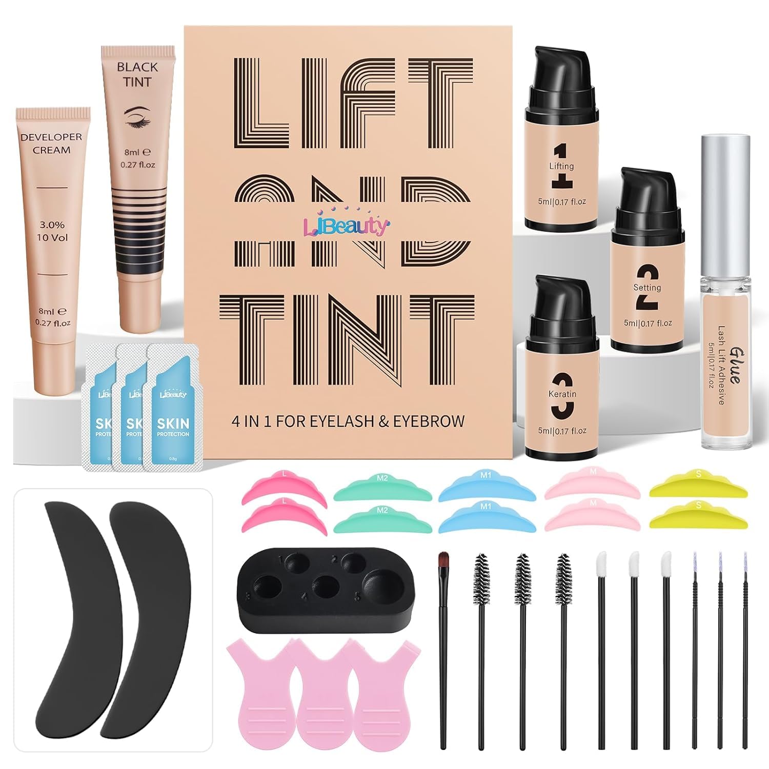 Libeauty Lash Lift and Color Kit Brow Lamination Kit with Black Color Quick Lifting Perming & Voluminous Coloring with Complete Tools DIY Eyelash Perm Use at Home & Salon Supplies With colorful lash lfit pads