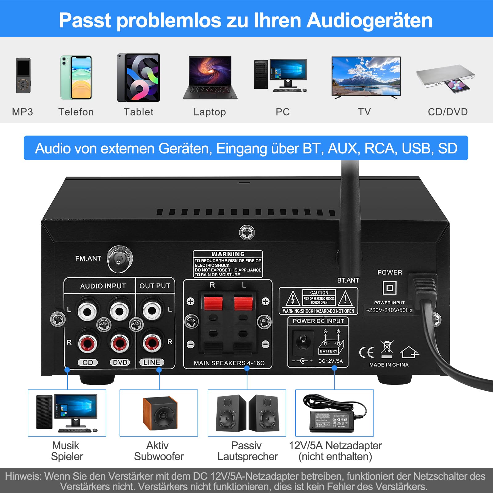 Amplificador de audio para el hogar, KS-33BT 2 canales Bluetooth 5.0, amplificador HiFi, RMS 60 W x 2 Max 400 W X 2 Amplificadores estéreo receptor W/Echo, USB/SD/AUX/BT.C/FM Micrófono para cine en