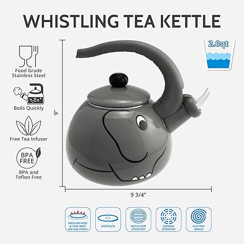 Miniatura 2 de UP ware - Hervidor de té silbante esmaltado en acero, tetera para estufa (2 cuartos de galón, elefante)