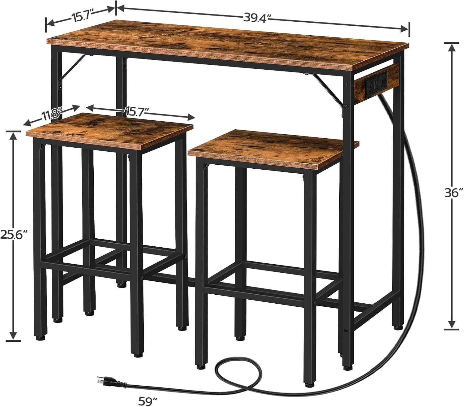 Diagram showing the dimensions of the HOOBRO bar table and two backless stools.