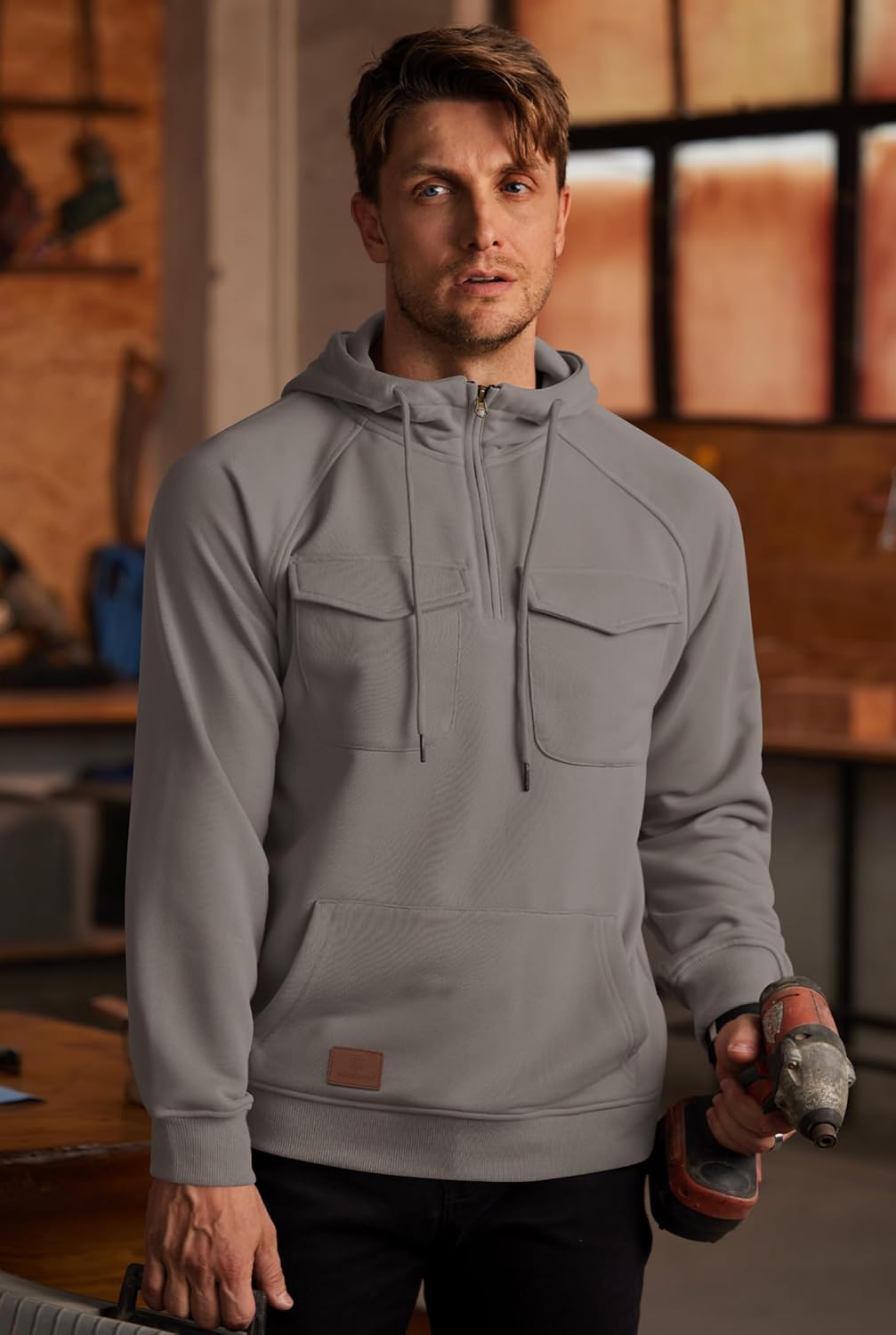 Men's Cargo Hoodie Quarter-Zip Midweight Casual Workwear Tactical Pullover with Pockets (S-3XL) - Image 4