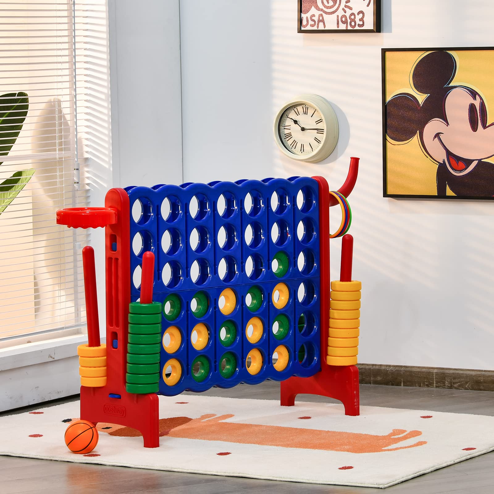 Riesiges 4 Gewinnt Spielset mit Wurfspiel und Basketballkorb, inkl. 42 Jumbo Ringen und Schieberegler zum schnellen Neustart, Vier in Einer Reihe Spiel groß (Blau + Rot)