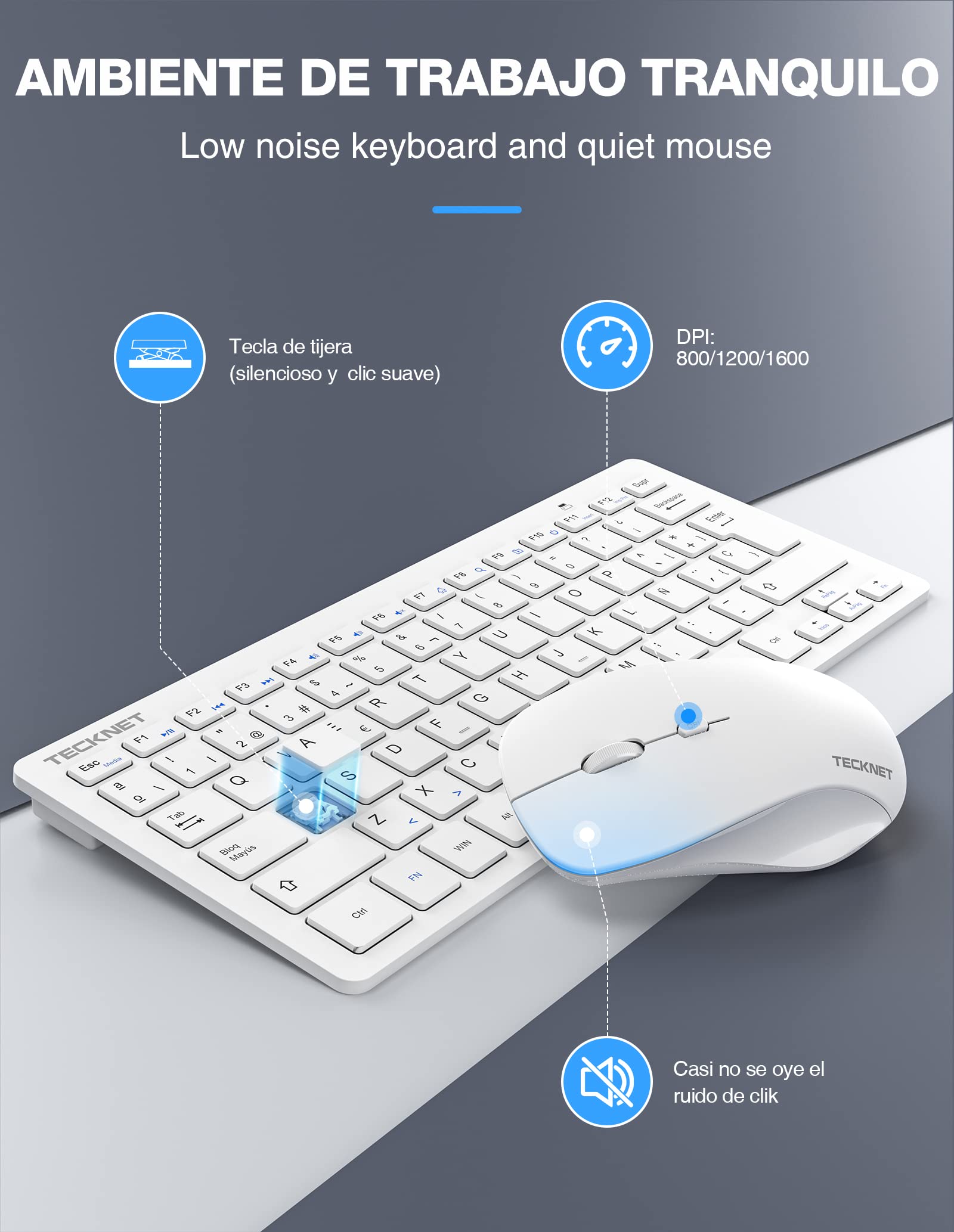 Mini Teclado y Raton Inalámbrico Ultra Delgado, TECKNET 2.4G Ergonómico Teclado, Toque Silencioso, Distancia de Rrabajo de 15 M, Portátil Teclado y Mouse per PC/Smart TV/Ordenador (Español,con la Ñ)